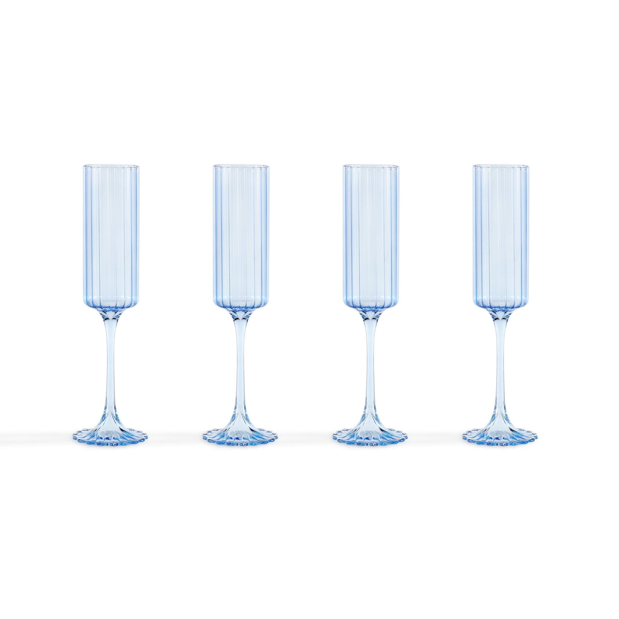 Lucinda Scalloped Edge Contrast Stem Glass Flutes - Set of 4 - Blue - DUSK