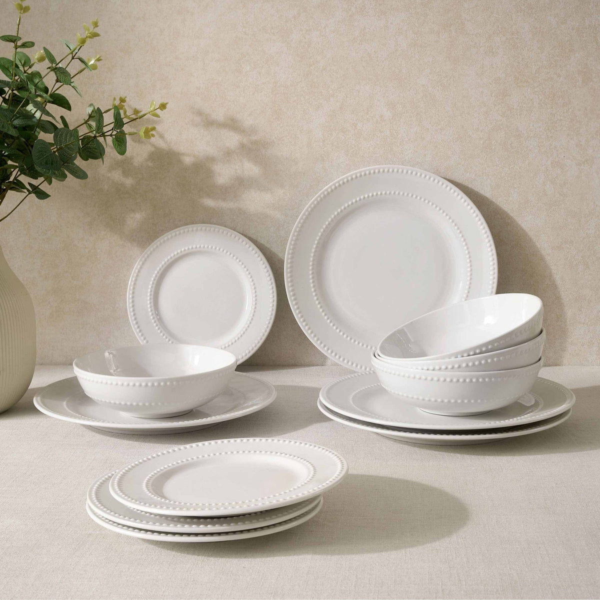 Margalo Beaded 12 Piece Dinner Set - White - DUSK
