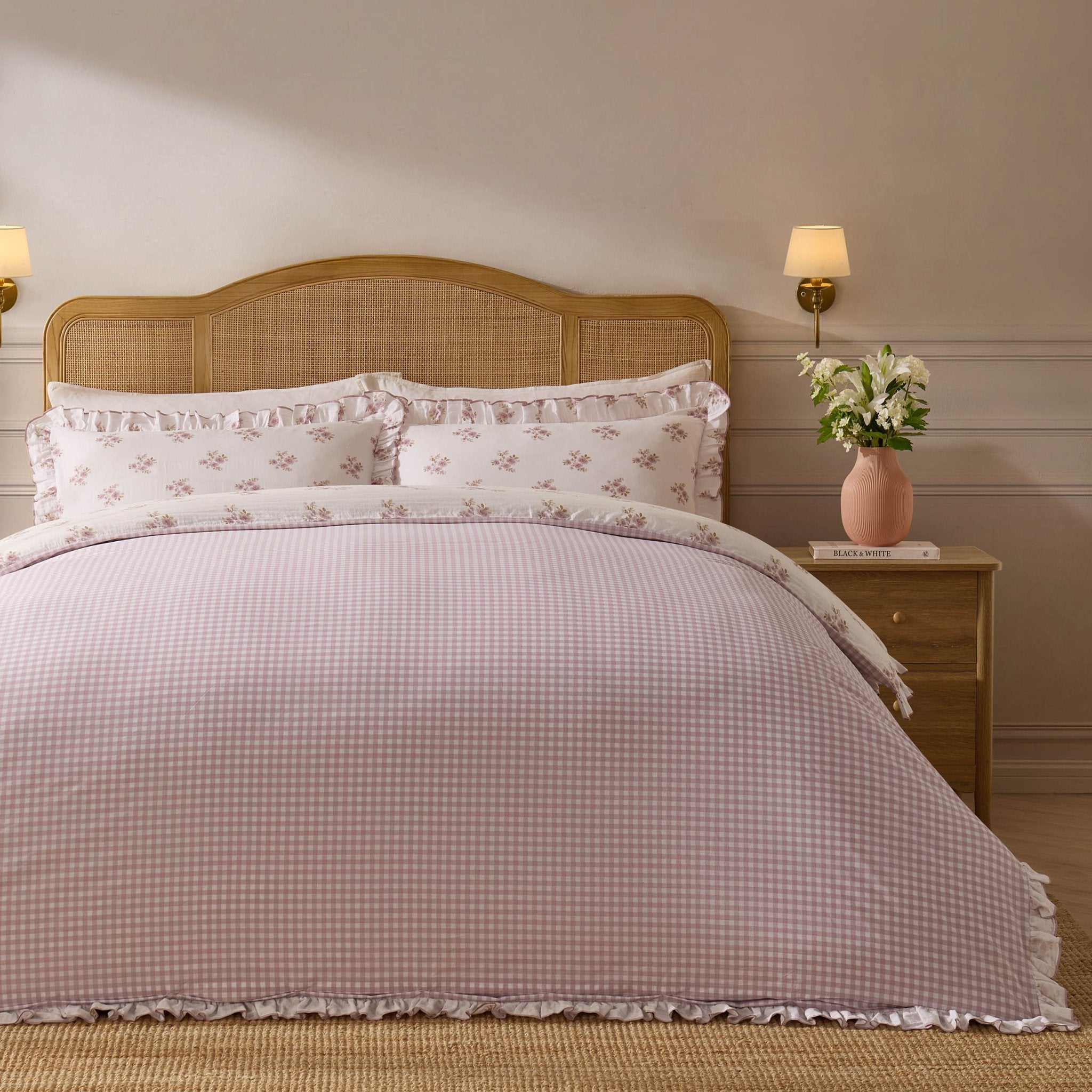 Mini Bouquet 100% Cotton Printed Muslin Duvet Cover Set - White/Pink - DUSK