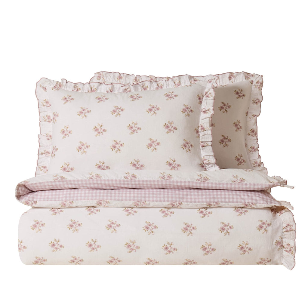 Mini Bouquet 100% Cotton Printed Muslin Duvet Cover Set - White/Pink - DUSK