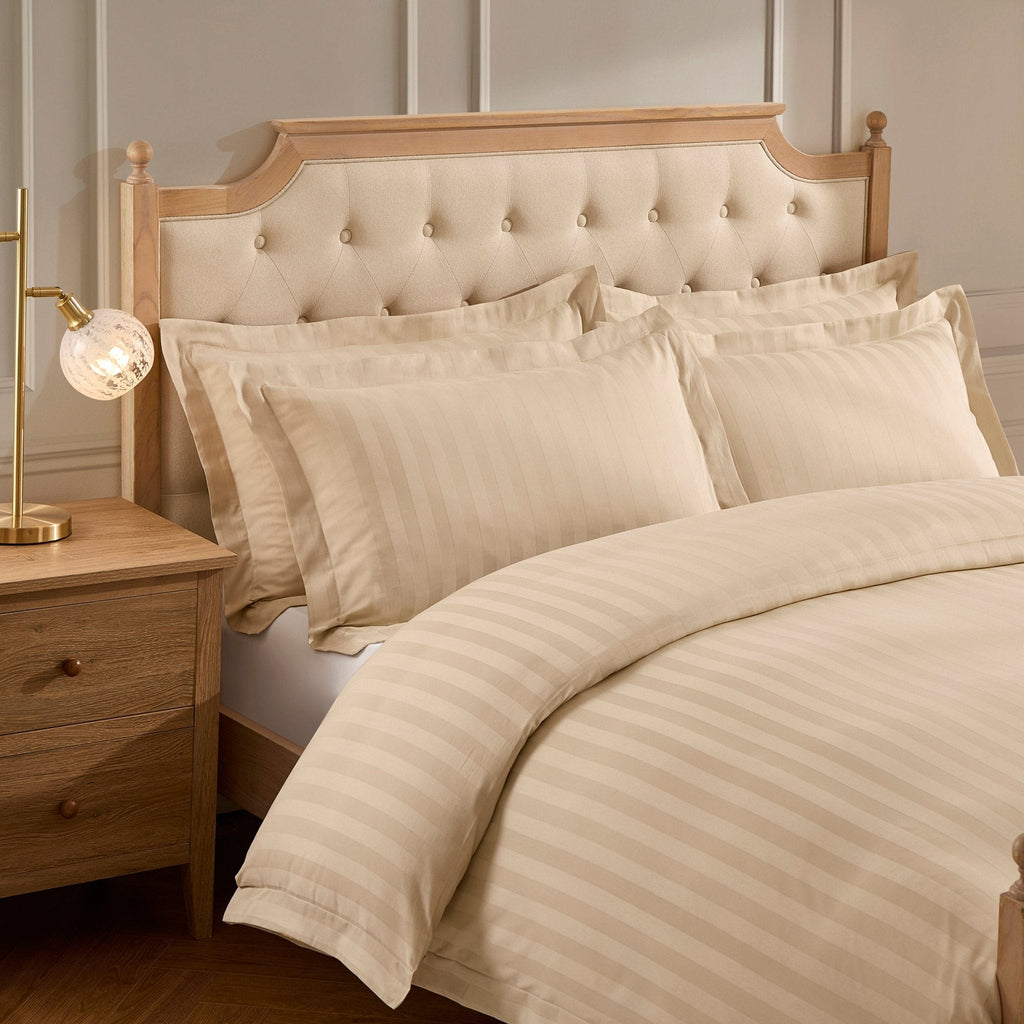 Pair of Hotel Satin Stripe 200 Thread Count Oxford Pillowcases - Champagne - DUSK