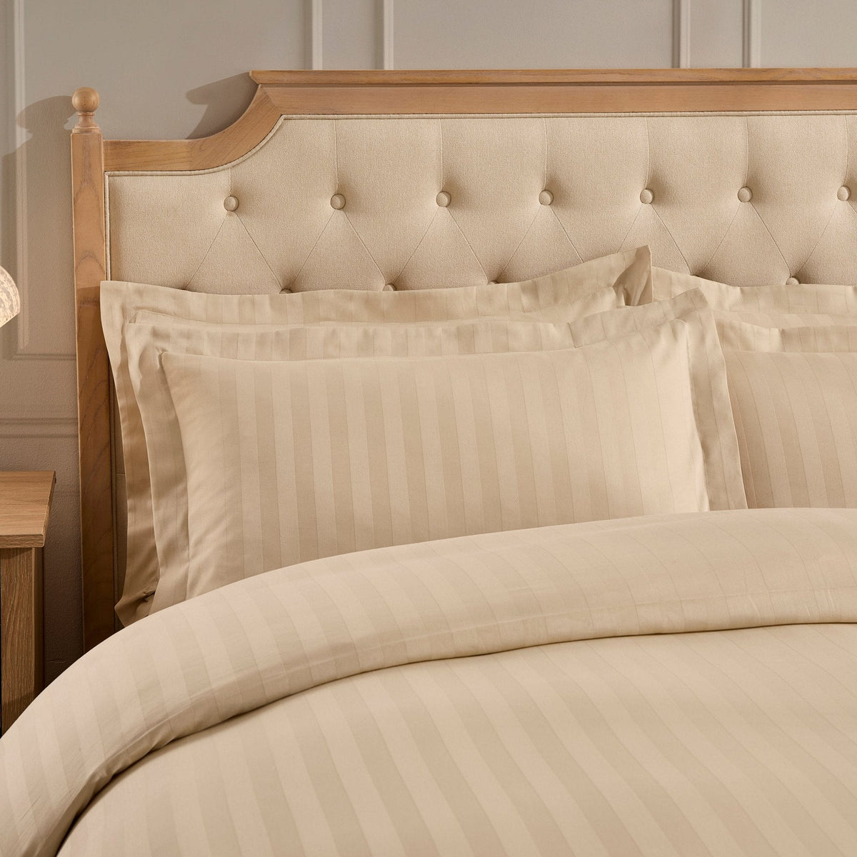 Pair of Hotel Satin Stripe 200 Thread Count Oxford Pillowcases - Champagne - DUSK