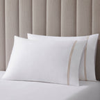Pair of Regent Embroidered Classic Pillowcases - 400 Thread Count Sateen - Natural - DUSK