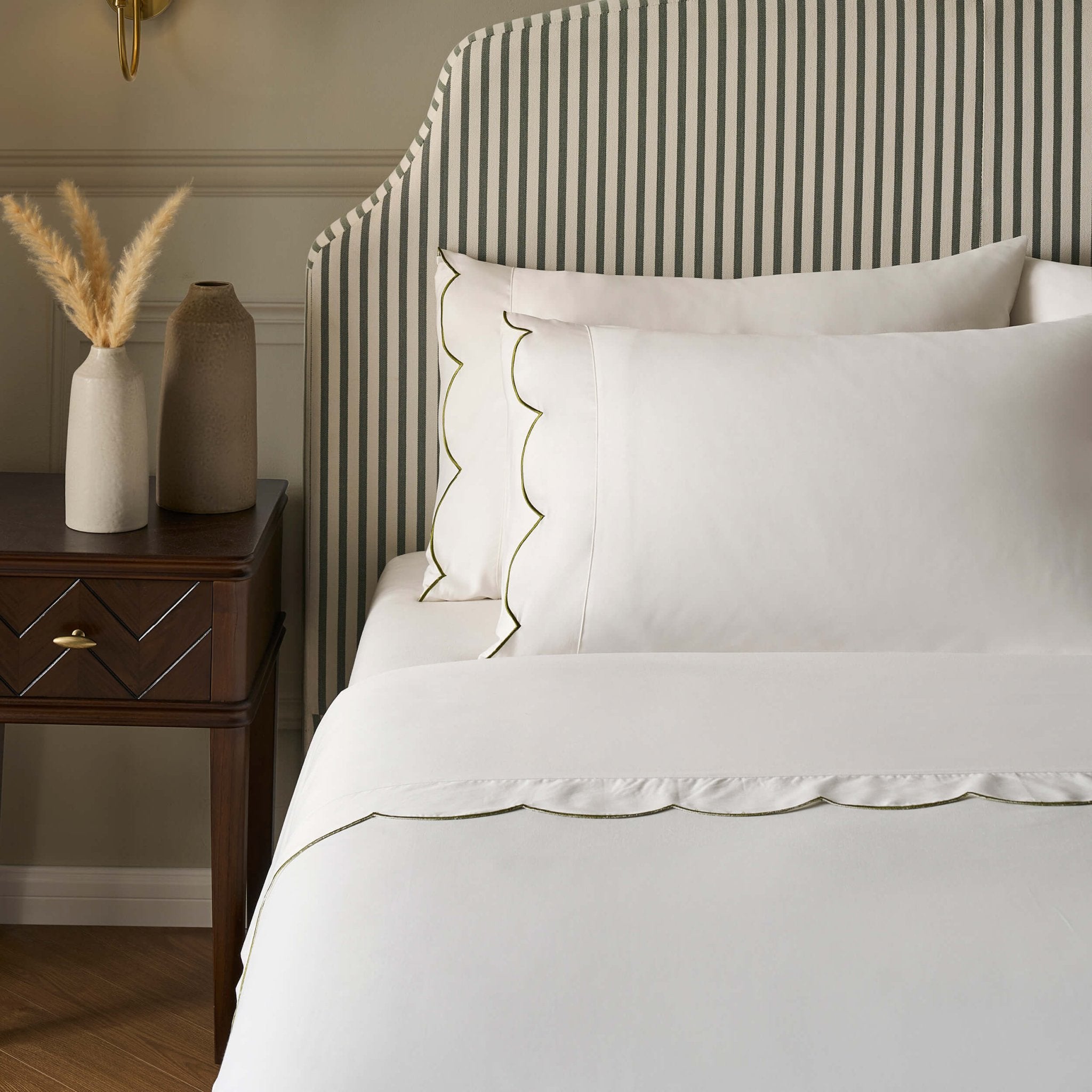 Pair of Simone Scallop Embroidered Edge Classic Pillowcases - Off White/Olive - DUSK