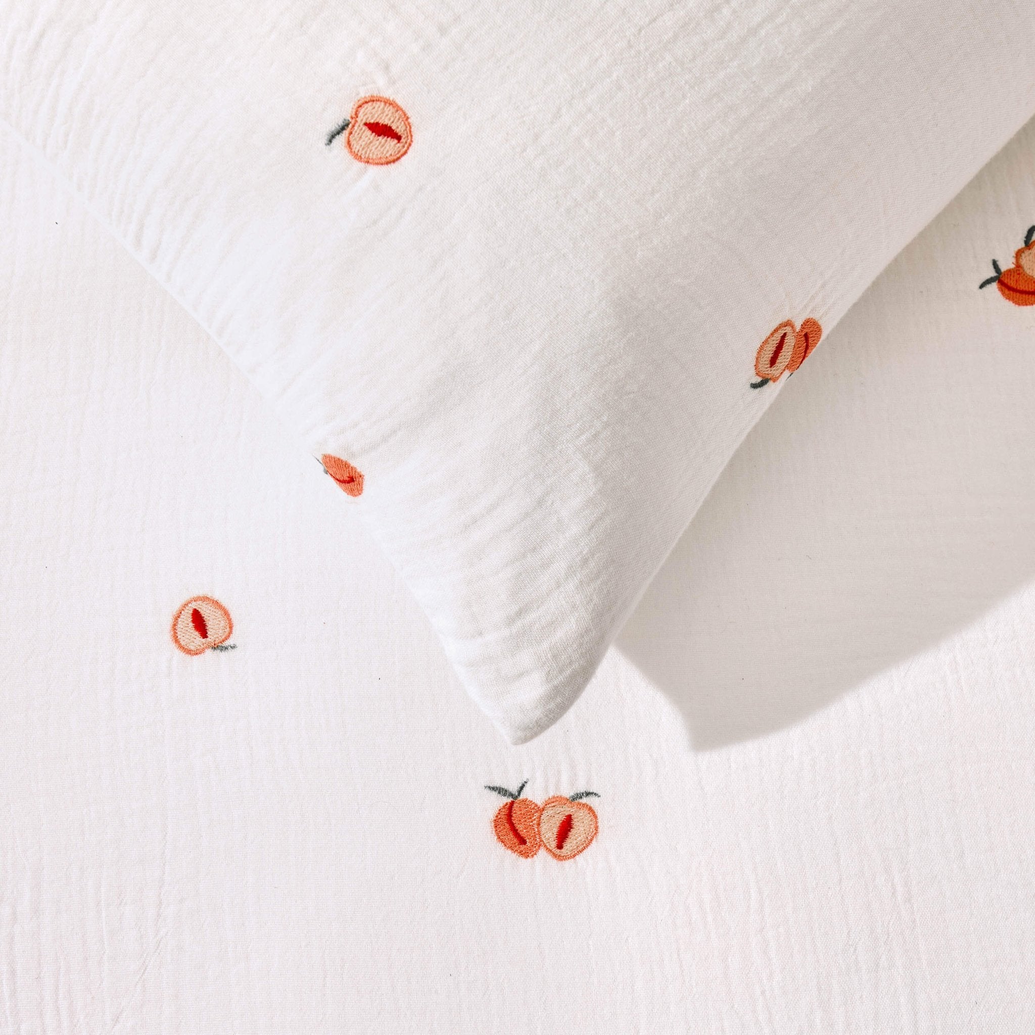 Peach Embroidery 100% Cotton Muslin Duvet Cover & Pillowcase Set - Peach - DUSK