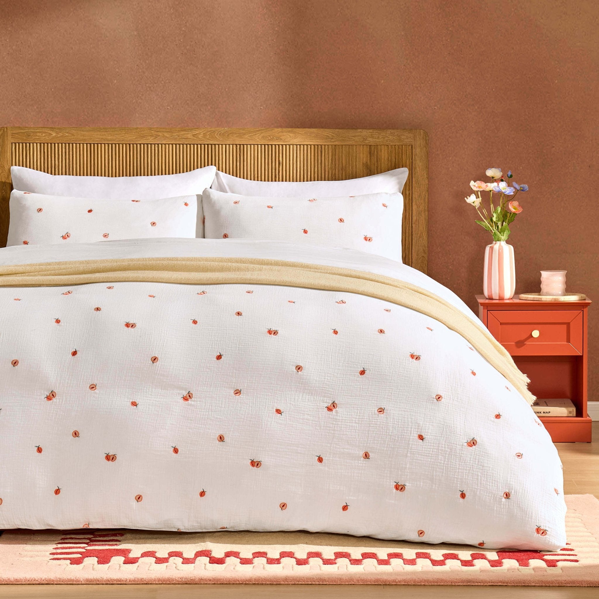 Peach Embroidery 100% Cotton Muslin Duvet Cover & Pillowcase Set - Peach - DUSK