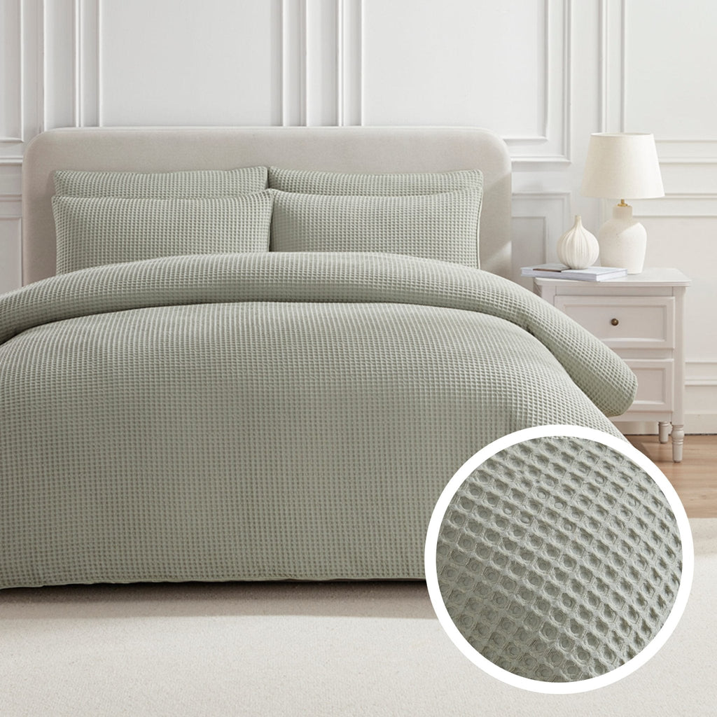 Portofino Waffle 100% Cotton Duvet Cover 200 Thread Count - Sage Green - DUSK