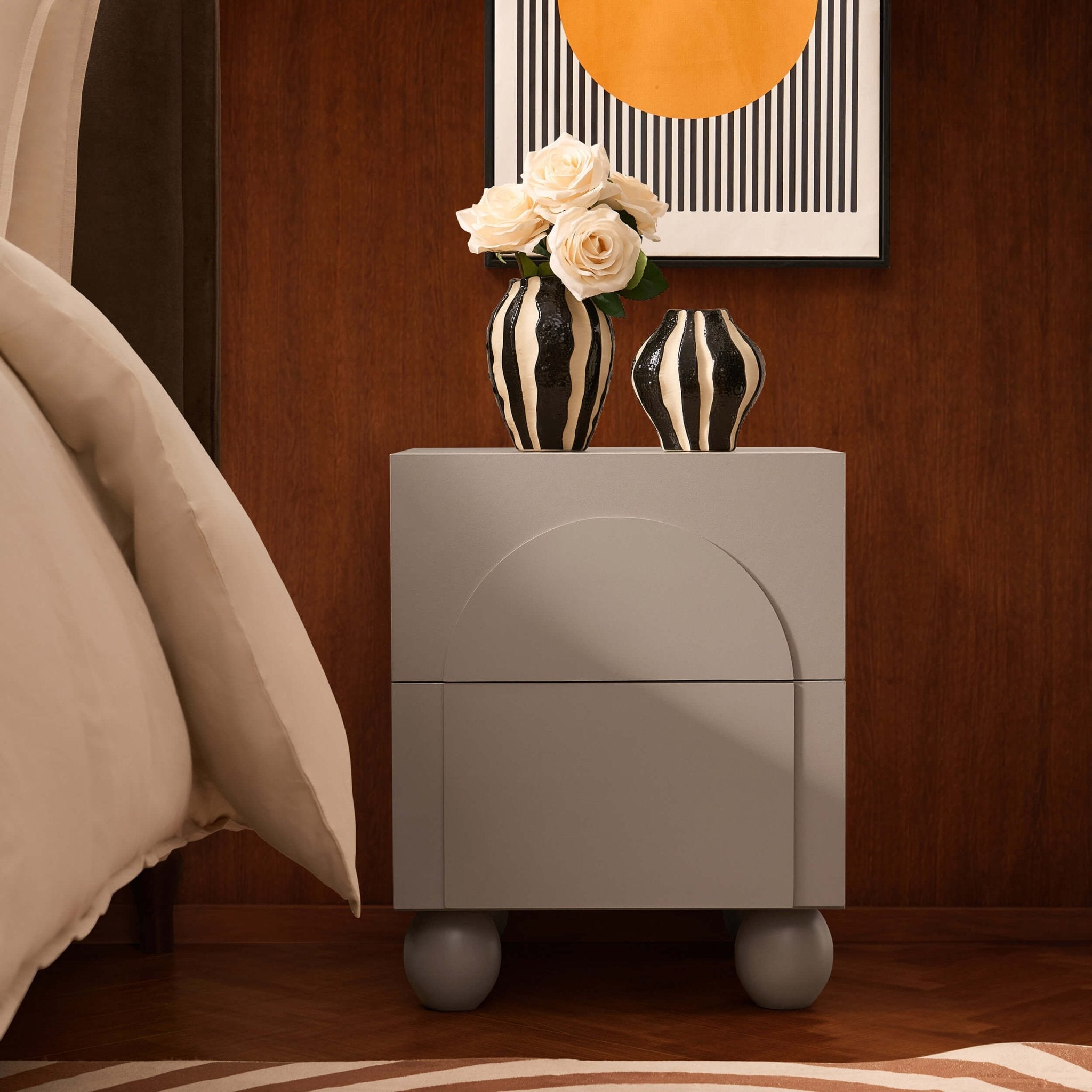 Rachel Arch Front 2 Drawer Bedside Table - Taupe - DUSK