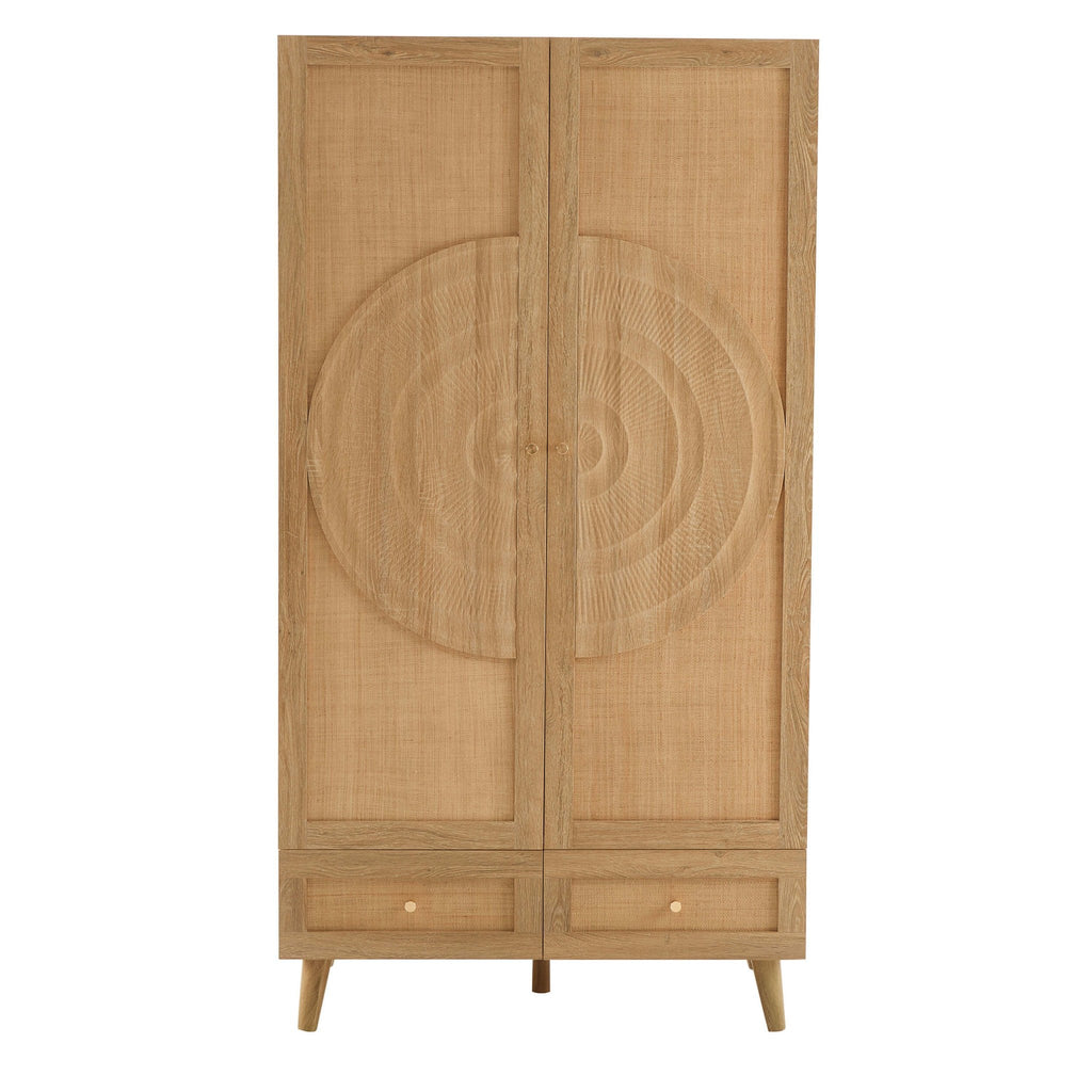 Raven Rattan 2 Door Wardrobe with Drawers - Light Wood - DUSK