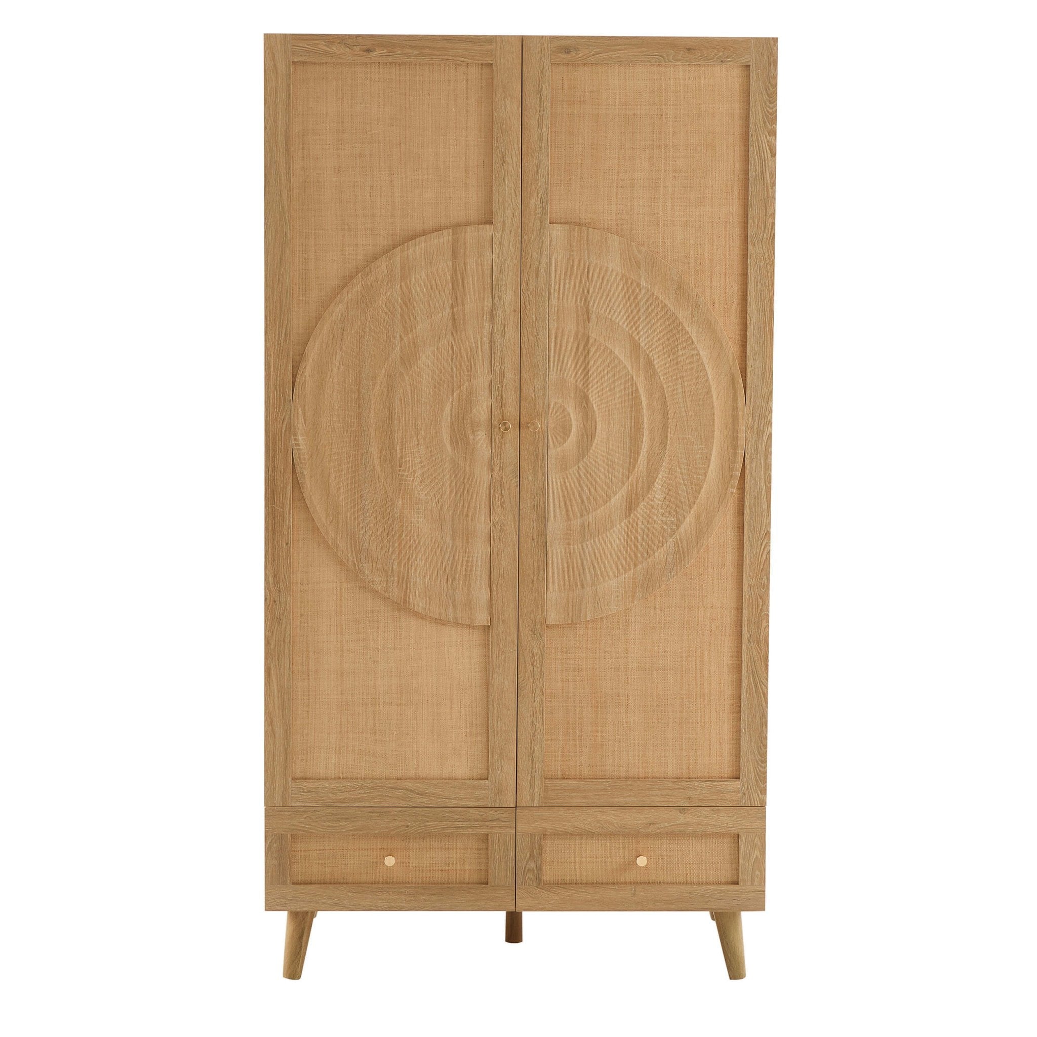 Raven Rattan 2 Door Wardrobe with Drawers - Light Wood - DUSK