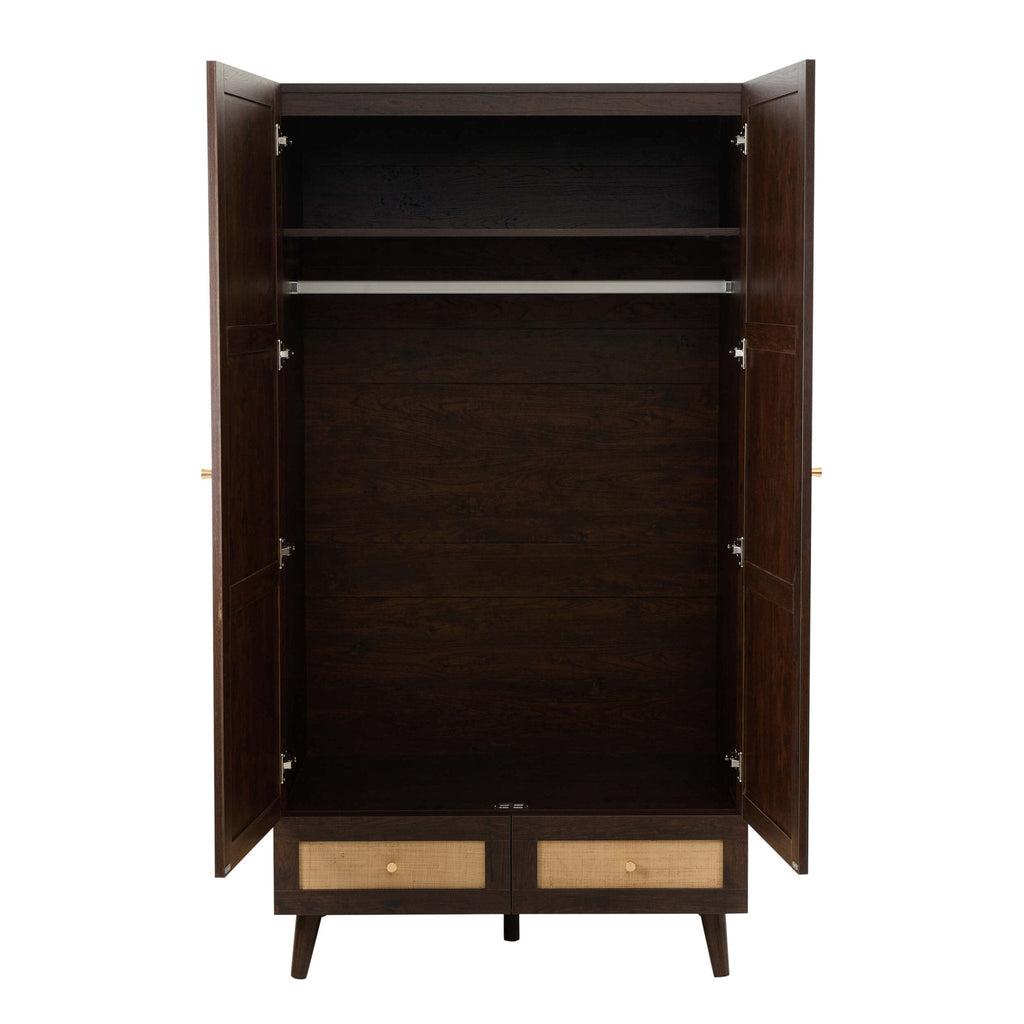 Raven Rattan 2 Door Wardrobe with Drawers - Walnut - DUSK