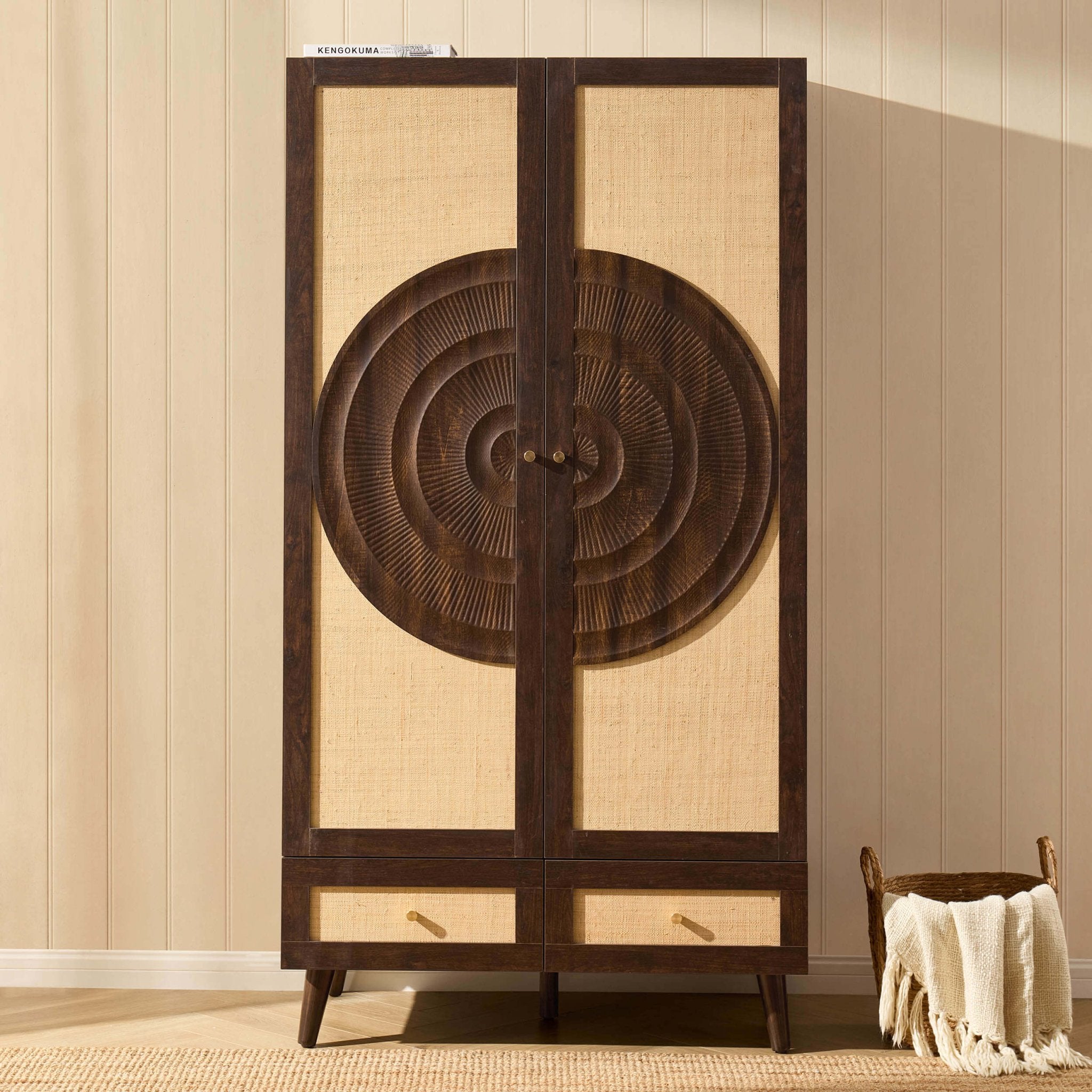 Raven Rattan 2 Door Wardrobe with Drawers - Walnut - DUSK