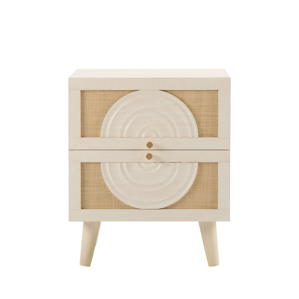 Raven Rattan 2 Drawer Bedside Table - Cream Oak Effect - DUSK