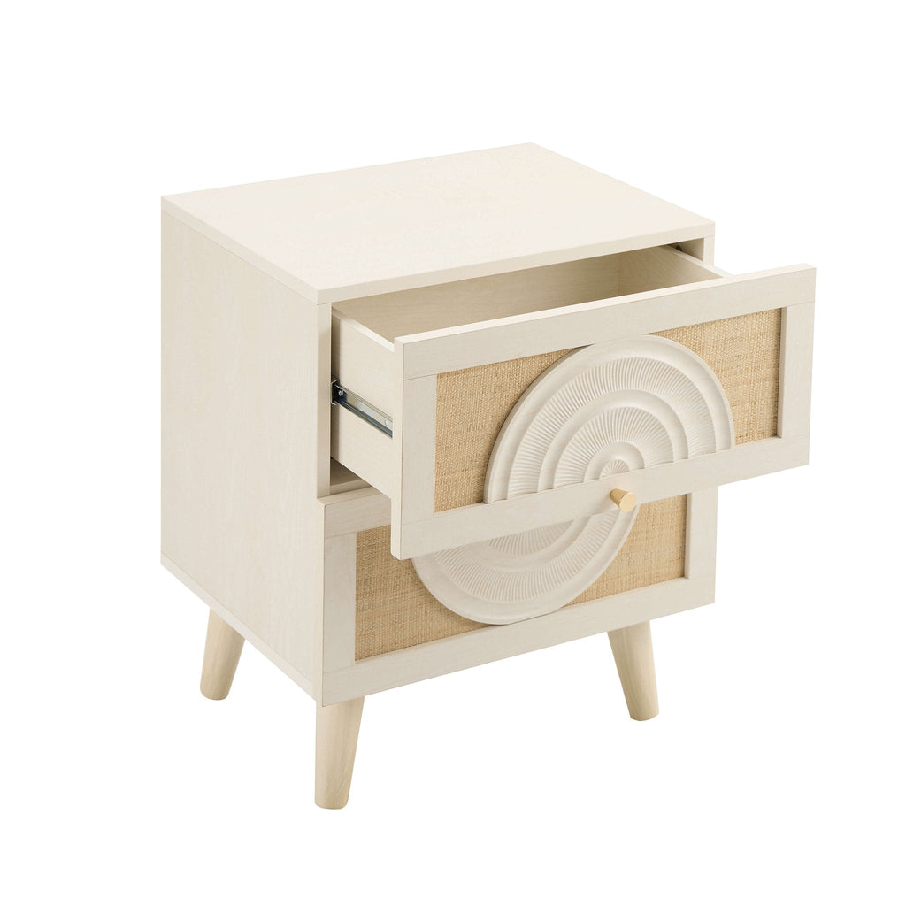 Raven Rattan 2 Drawer Bedside Table - Cream Oak Effect - DUSK