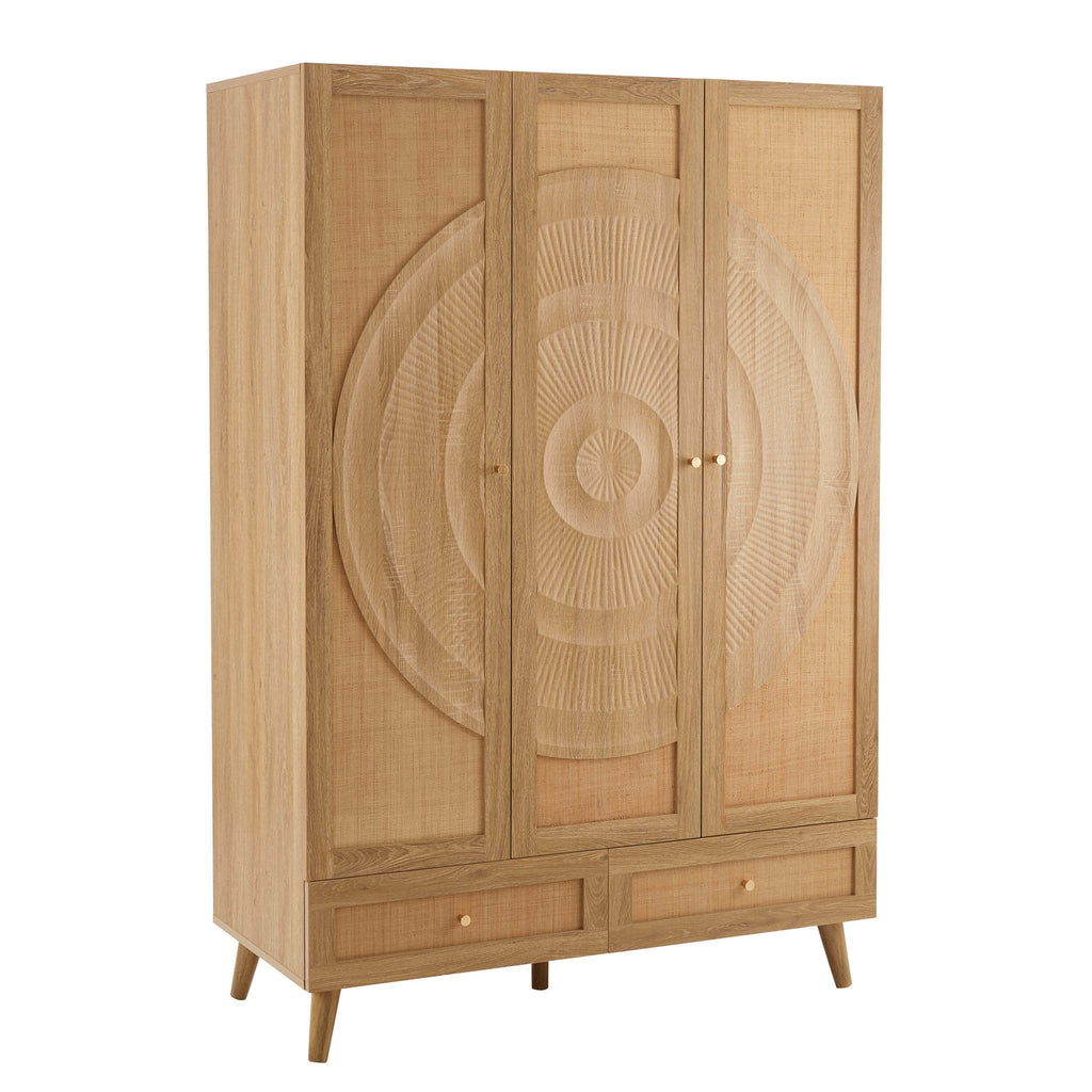Raven Rattan 3 Door Wardrobe with Drawers - Light Wood - DUSK