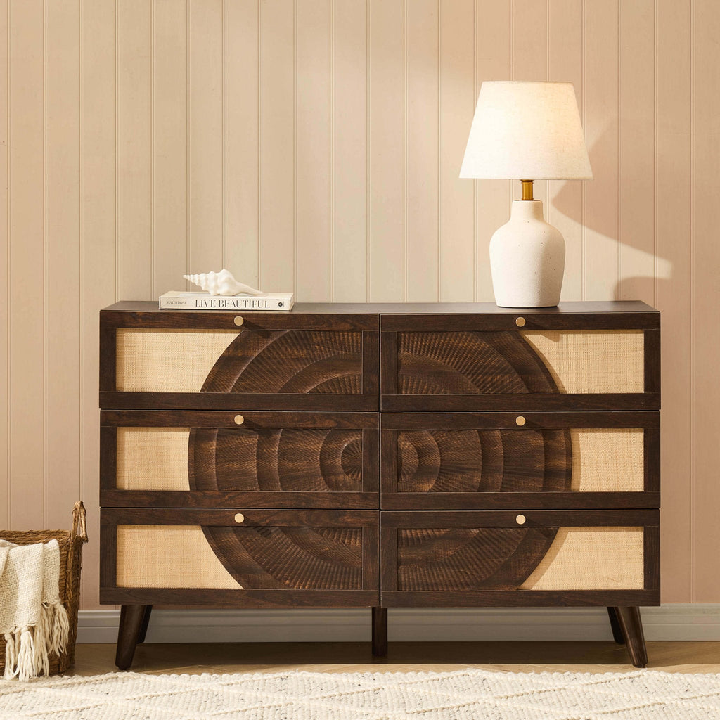 Raven Rattan 6 Drawer Chest - Walnut - DUSK