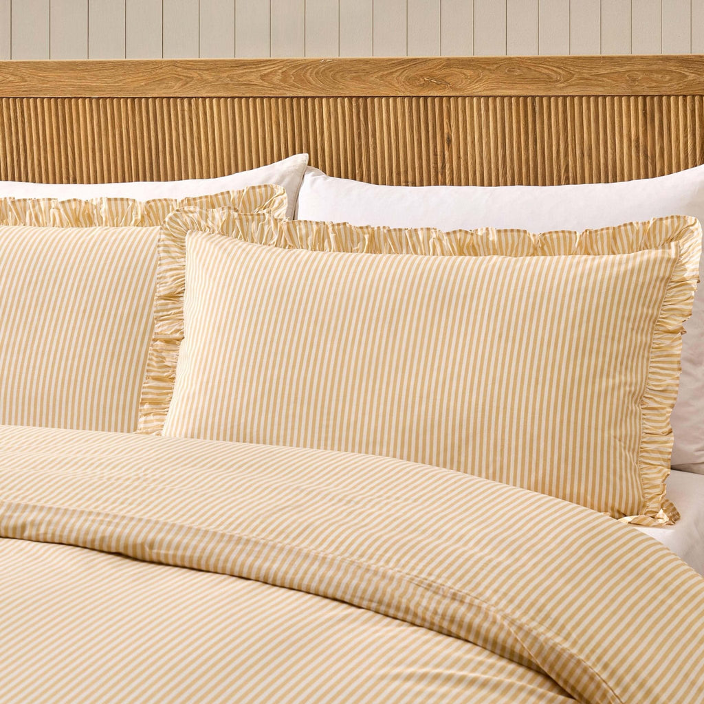 Remy 200 Thread Count Shirting Stripe Print Ruffle Edge Duvet Cover Set - Buttermilk - DUSK