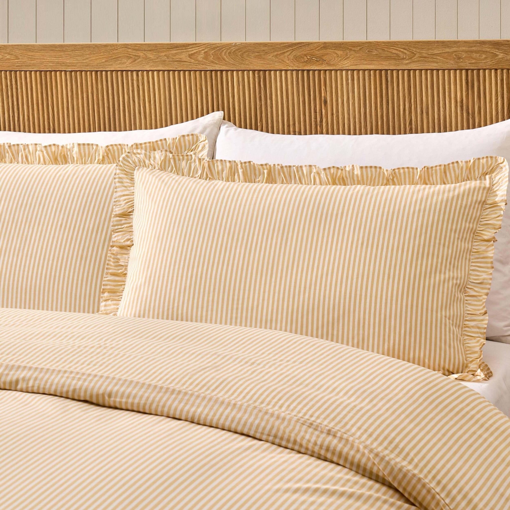 Remy 200 Thread Count Shirting Stripe Print Ruffle Edge Duvet Cover Set - Buttermilk - DUSK