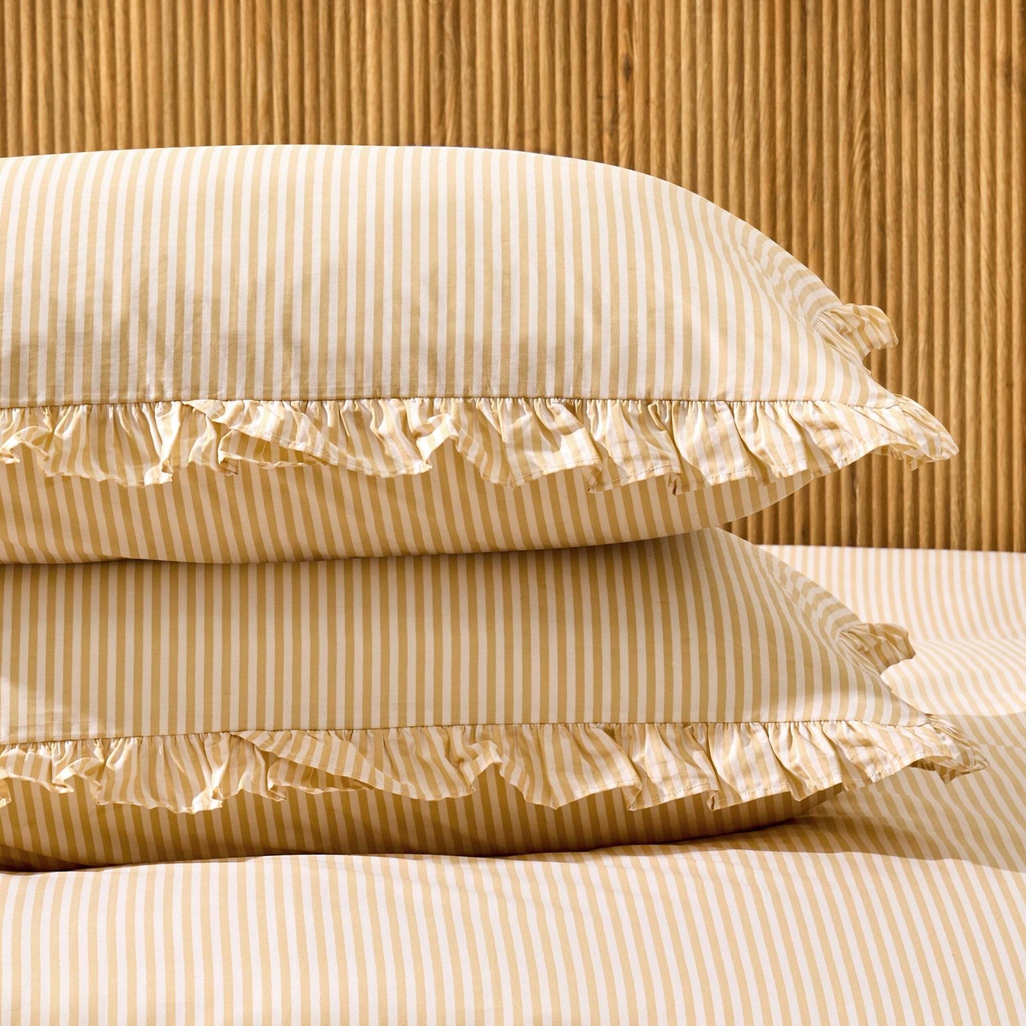 Remy 200 Thread Count Shirting Stripe Print Ruffle Edge Duvet Cover Set - Buttermilk - DUSK