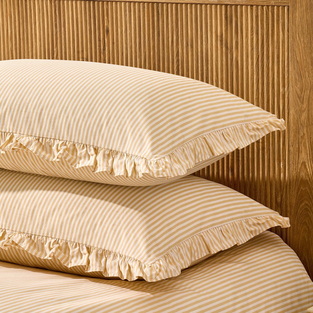 Remy 200 Thread Count Shirting Stripe Print Ruffle Edge Duvet Cover Set - Buttermilk - DUSK