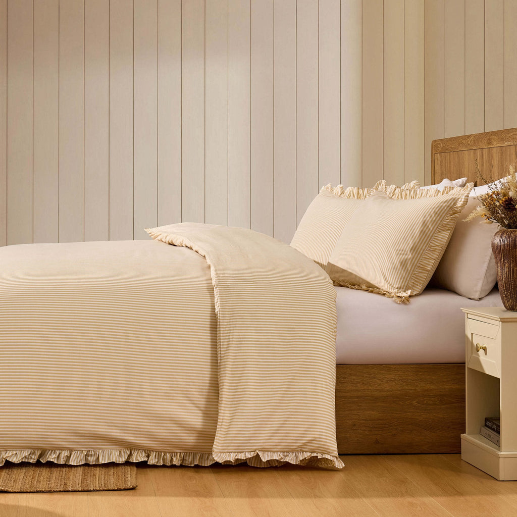 Remy 200 Thread Count Shirting Stripe Print Ruffle Edge Duvet Cover Set - Buttermilk - DUSK