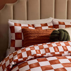 Retro Checkerboard 100% Cotton Duvet Cover & Pillowcase Set - Burnt Orange - DUSK