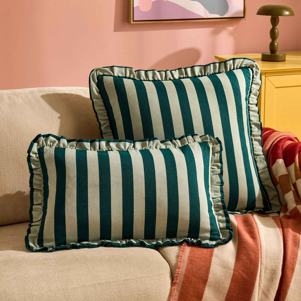 Stripe Frill Edge Sofa Cushion Cover - Green - DUSK