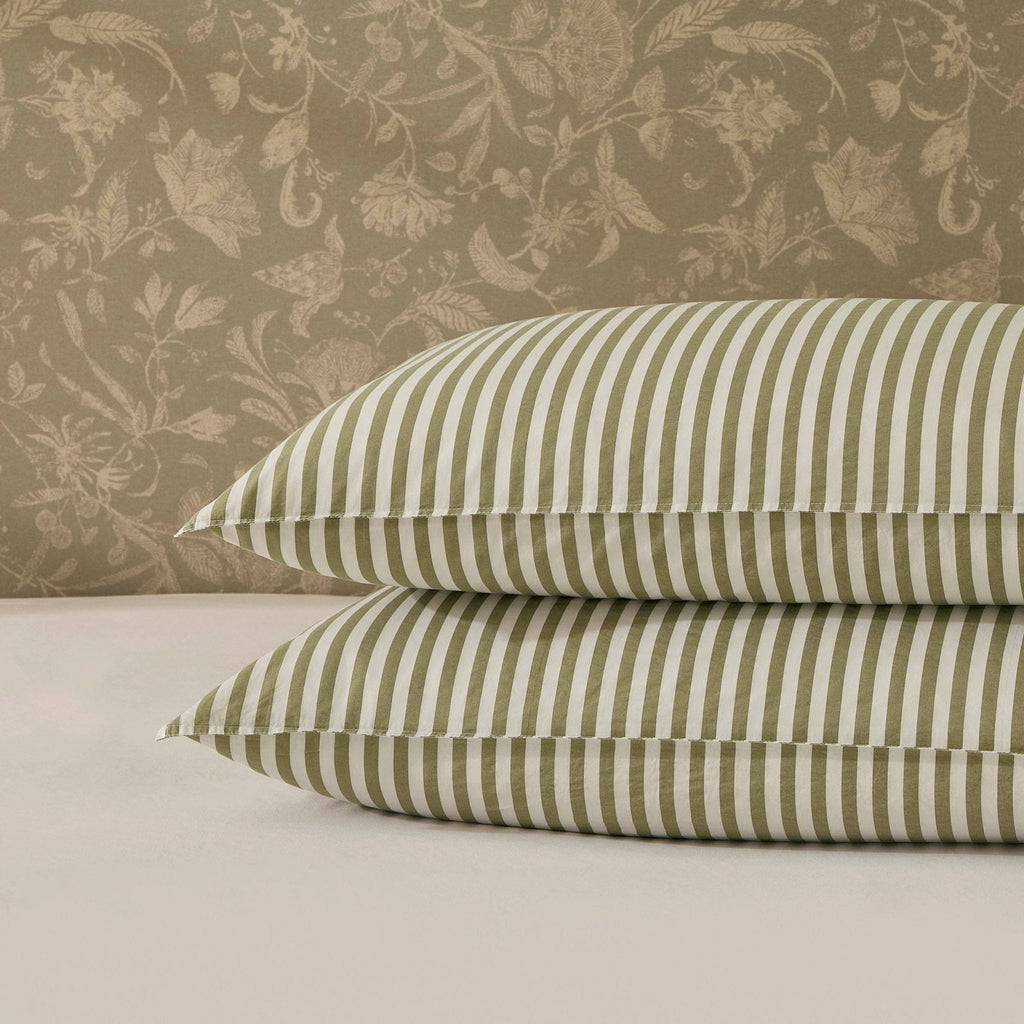 Washed Cotton Printed Stripe 200 Thread Count Duvet Cover & Pillowcase Set - Olive - DUSK