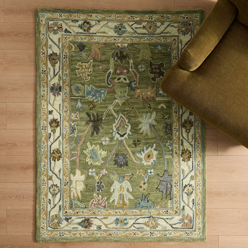 Wool Floral Pattern Rug - Green - DUSK